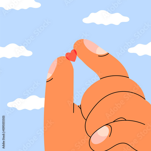 Big hand holding heart. Giant hand holds tiny little Heart in the sky. Charity, support, assistance, saving life, love, responsibility concept. Hand drawn Vector illustration. Design, print template