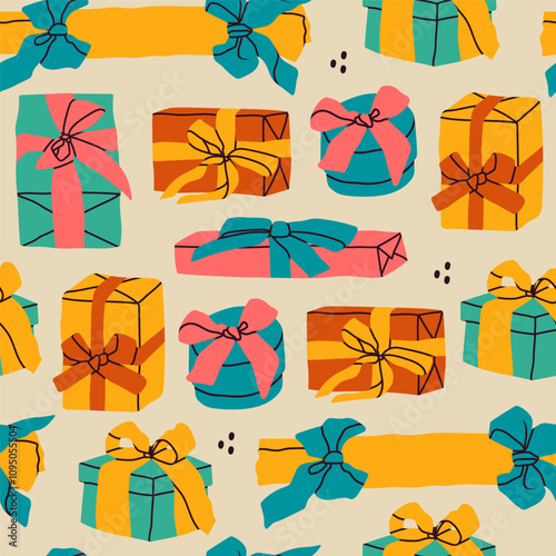 Christmas gift box, wrapped present box with ribbon set. Hand drawn modern Vector illustration. Party decoration, present, postcard, New Year celebration, invitation concept. Square seamless Pattern