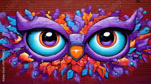 owl eyes close up. Multicolored graffiti on a red brick wall. Street art photo