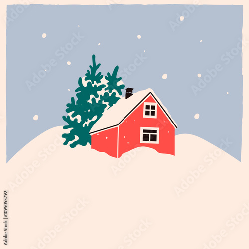 Red House in snow and trees. Scandinavian style home. Hand drawn trendy Vector illustration. Isolated design element. Building, sweet home, real estate, greeting card, winter, christmas concept