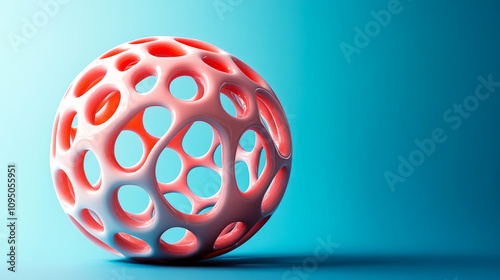 Vibrant abstract sphere with intricate holes on a soft blue background