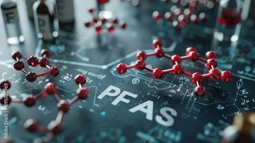 3d molecular structure of pfas on blue background with space on left for emphasis