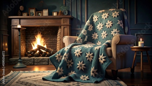 Snowflake-patterned crochet blanket draped over a cozy armchair in a winter scene