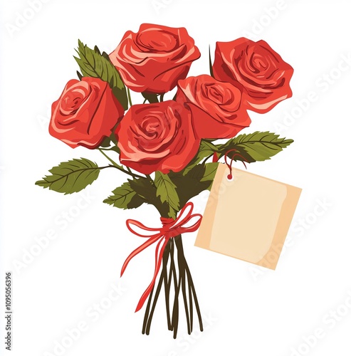 Un mazzo di rose rosse in stile disegno vettoriale piatto, su sfondo bianco. C'è anche una etichetta regalo, sulla quale scrivere un testo o inserire un marchio photo