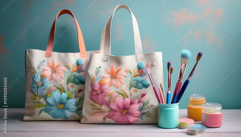 Art of Unique hand-painted floral designs on tote bags, arranged with brushes and colorful paints Art of Unique hand-painted floral designs on tote bags, arranged with brushes and colorful paints