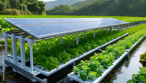 Sustainable solar powered modular farm with vibrant green lettuce