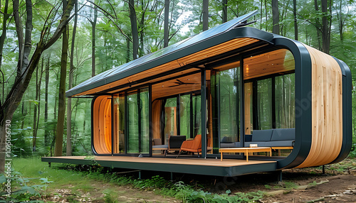 Sustainable modular prefab home surrounded by lush greenery
