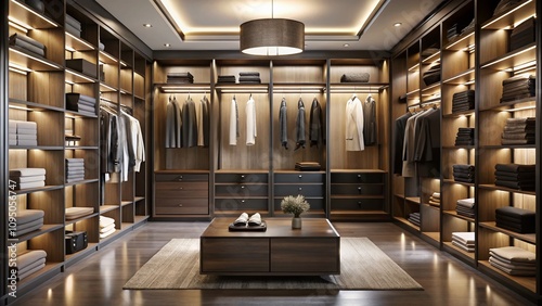 Modern Walk-in Wardrobe Silhouette Photography in a Spacious Dressing Room of a Luxurious House Showcasing Elegant Storage Solutions and Contemporary Design Elements