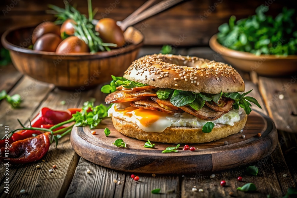 Mouthwatering Bacon and Egg Sandwich on a Fresh Bagel with a Long Exposure Technique Highlighting the Texture and Flavorful Ingredients in a Delicious Culinary Setting Mouthwatering Bacon and Egg Sandwich on a Fresh Bagel with a Long Exposure Technique Highlighting the Texture and Flavorful Ingredients in a Delicious Culinary Setting