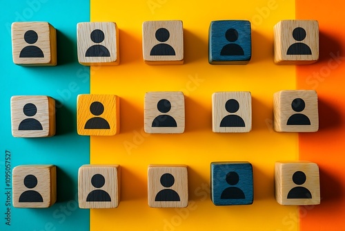 Color-Coded Person Icons Stand Out Team Grid of Wooden Blocks photo