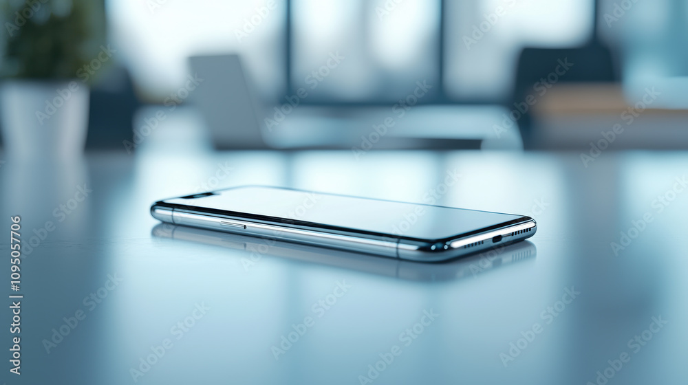 A sleek smartphone rests on a reflective surface, showcasing modern design and advanced features in a bright, professional setting. A sleek smartphone rests on a reflective surface, showcasing modern design and advanced features in a bright, professional setting.