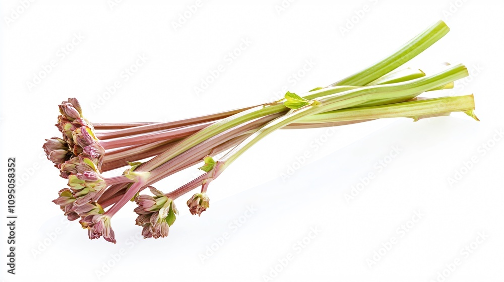 Naklejka premium Rhubarb stalks bundled and suspended mid-air, isolated on a clean white background with a slight shadow