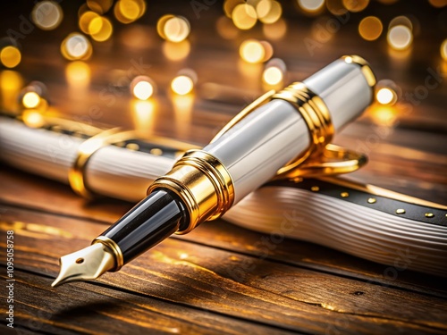 Night Photography of a Golden Fountain Pen with White and Black Accents Elegantly Resting on a Dark Wooden Surface, Capturing a Luxurious and Sophisticated Atmosphere