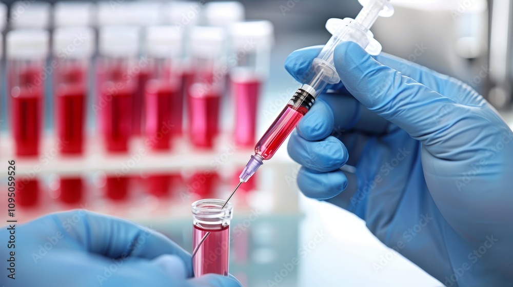 Lab technician using syringe to conduct research on cultured meat in softly lit environment Lab technician using syringe to conduct research on cultured meat in softly lit environment