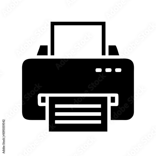 Minimalist black flat printer icon featuring a clean and modern design. The icon showcases a simplified silhouette of a printer, suitable for digital applications, websites, mobile a