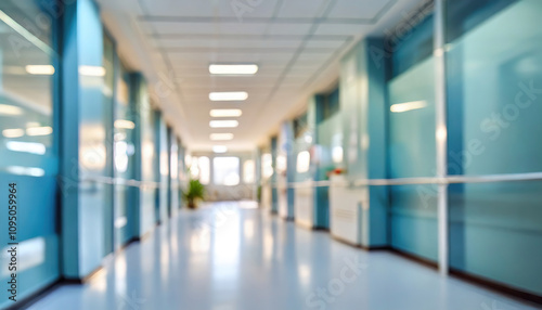 A brightly lit hospital corridor with clean and modern design emphasizing a calm and clinical environment