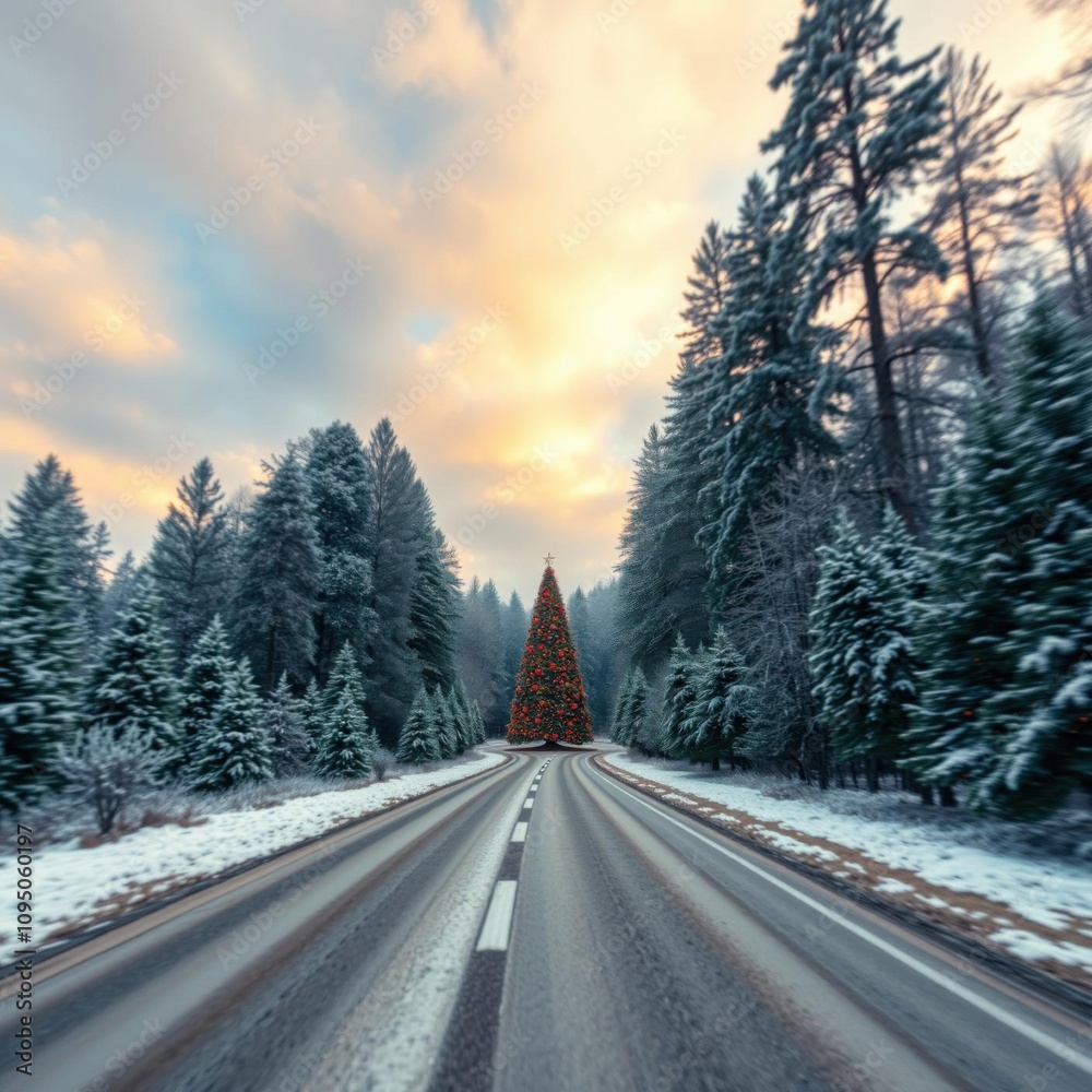 Winter forest background with a road perspective and christmas trees decorated with garland lights christmas tree holiday winter festive celebration Winter forest background with a road perspective and christmas trees decorated with garland lights christmas tree holiday winter festive celebration