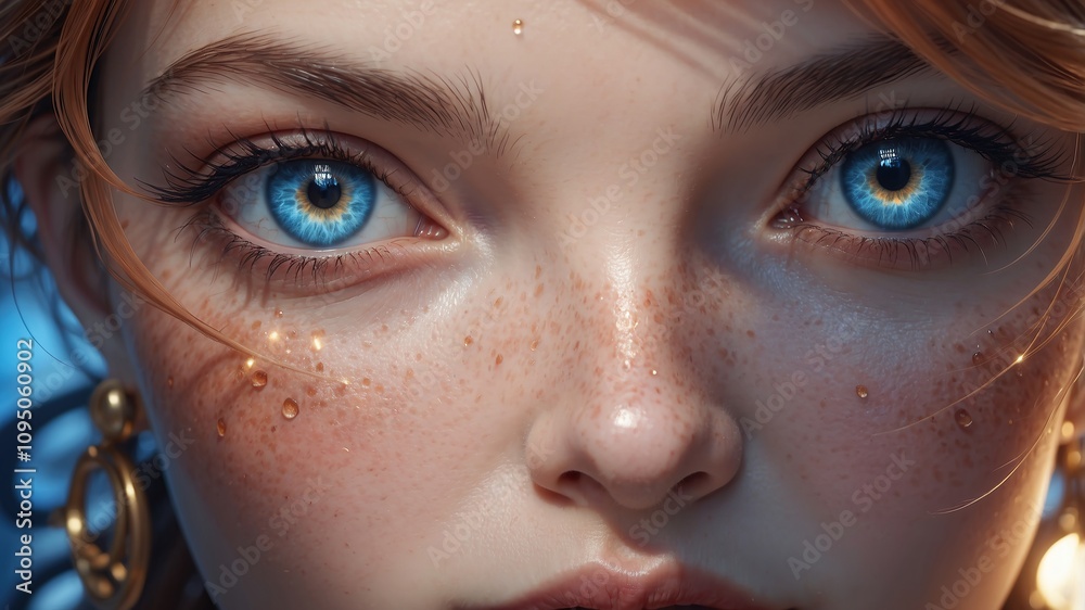 Fototapeta premium a close - up of a woman's face with freckled hair and a blue eyeshadow. 