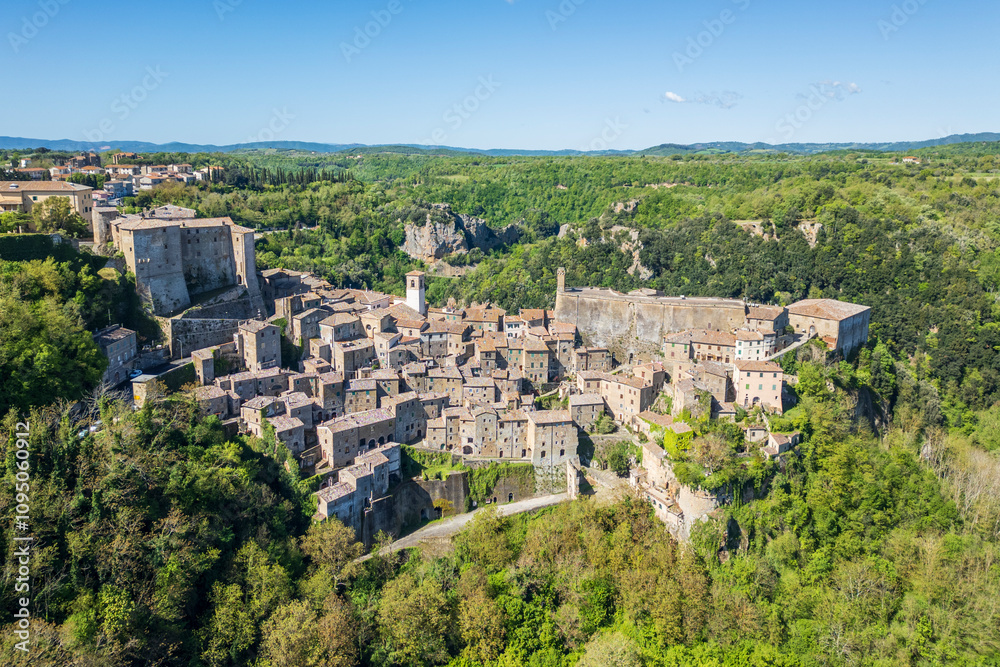 Sorano Town old town drone view in Italy Sorano Town old town drone view in Italy