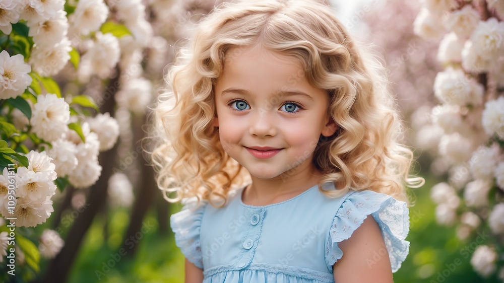 Happy cute tender little girl in blossom garden. Beauty kid girl outdoor portrait. Close up of girl with Curly blonde hair, blue eyes, summer dress. Romance sweet adorable lovely girl. Happy cute tender little girl in blossom garden. Beauty kid girl outdoor portrait. Close up of girl with Curly blonde hair, blue eyes, summer dress. Romance sweet adorable lovely girl.