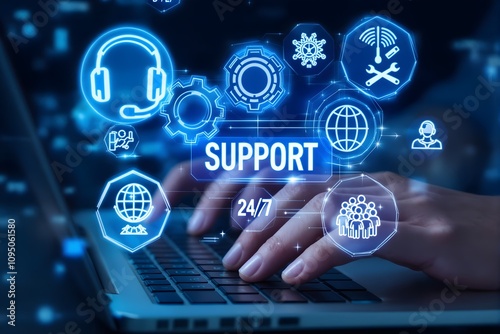 Technical support and customer service concept. Icons showcasing technical support, customer service, 24/7 availability, and global business technology solutions for efficient service management