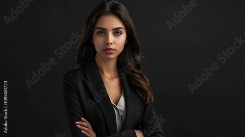 A confident woman in a black suit poses against a dark background, exuding professionalism and determination.