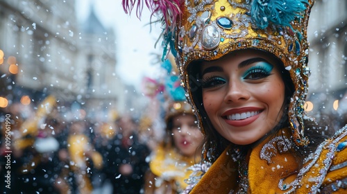 Smiling latin woman dancing in carnival parade with confetti falling