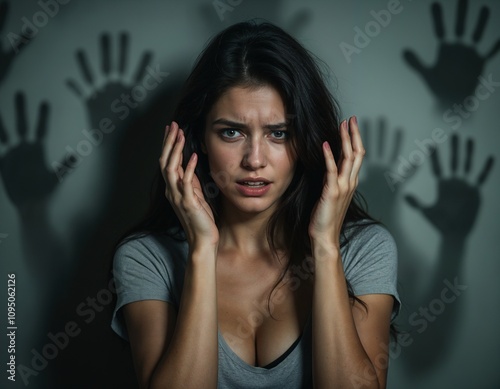 Portrait of a Distressed Woman with Shadowy Handprints - Concept of Domestic Violence and Abuse Against Women
 photo