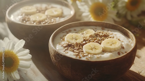 A beautifully styled breakfast scene with bananas, yogurt, flaxseeds, and granola in rustic bowls, accented by fresh flowers and sunlight, with a cozy and inviting feel, hd quality, photo