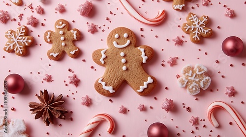 A beautifully arranged flat lay of ginger powder, cloves, molasses, and sugar icing, with gingerbread men cookies in festive shapes surrounded by candy canes and holiday sparkles, hd quality, photo