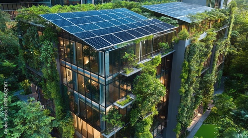 A modern eco-friendly building with large glass windows covered in solar panels, surrounded by vertical gardens and trees.