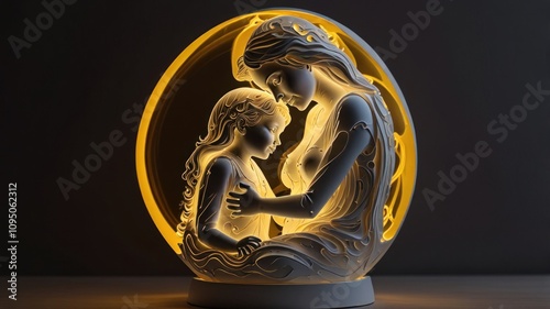 Illuminated sculpture of mother and daughter embracing.