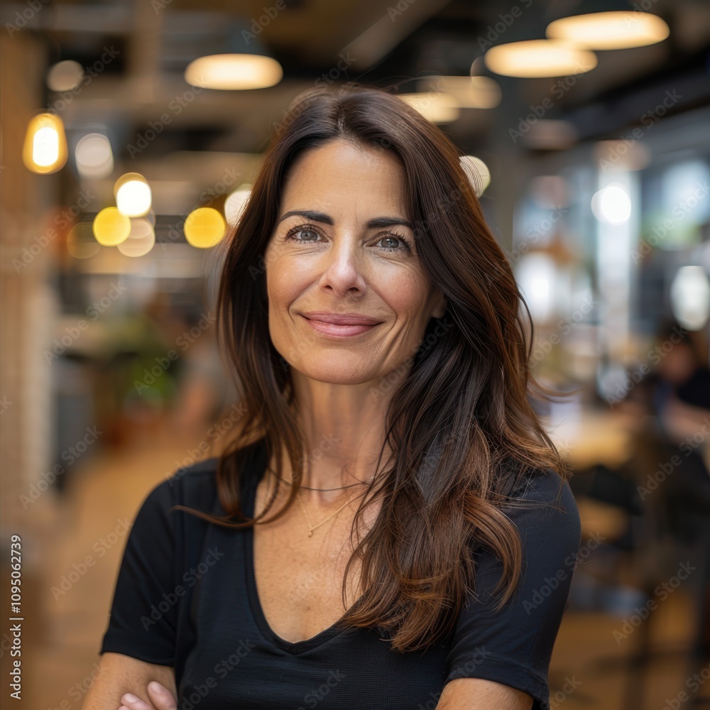 Smiling businesswoman in her 40s wearing a black top, exuding confidence and leadership in a modern office with warm lighting and a blurred background Smiling businesswoman in her 40s wearing a black top, exuding confidence and leadership in a modern office with warm lighting and a blurred background