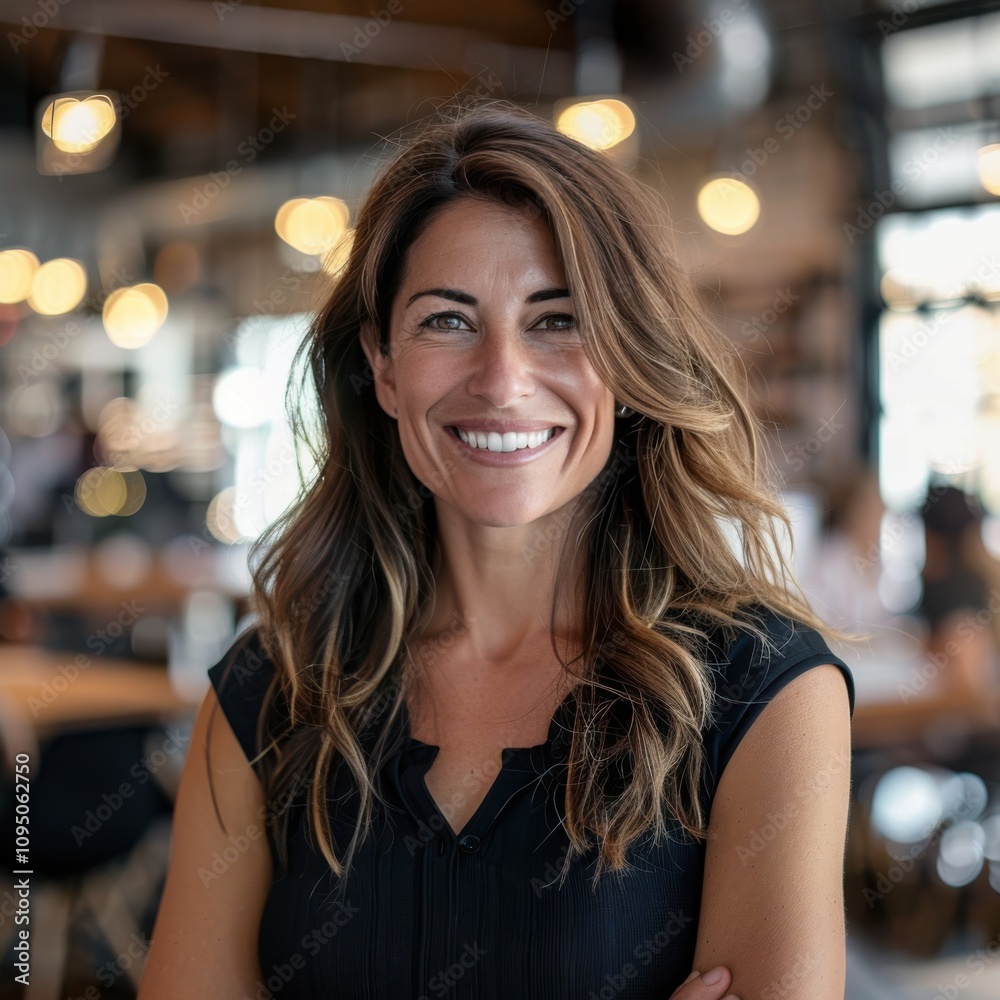 Smiling businesswoman in her 40s with wavy hair, wearing a black top, standing confidently in a stylish modern office with warm lighting and a blurred background Smiling businesswoman in her 40s with wavy hair, wearing a black top, standing confidently in a stylish modern office with warm lighting and a blurred background