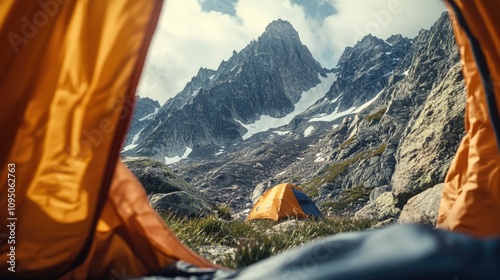 View of a mountain landscape from inside a tent, ideal for outdoor and adventure themes photo