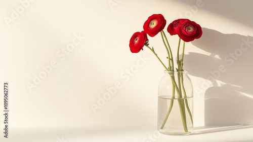 A vase made of transparent glass with water and red ranunculus flowers on a white background, in natural light.