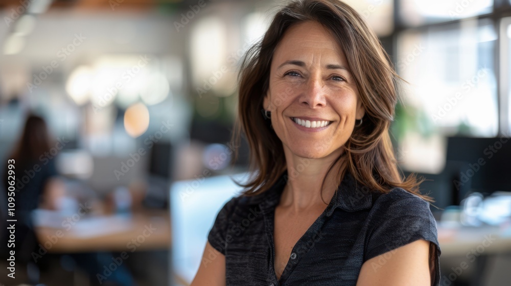 Smiling businesswoman in her 40s with shoulder-length brown hair, wearing a dark blouse, exuding leadership and positivity in a modern, open office environment Smiling businesswoman in her 40s with shoulder-length brown hair, wearing a dark blouse, exuding leadership and positivity in a modern, open office environment