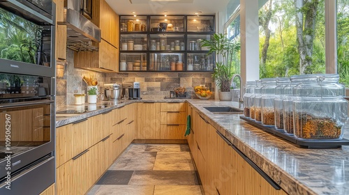 A modern eco-friendly kitchen with bamboo countertops, energy-efficient appliances, and glass containers for zero-waste food storage.