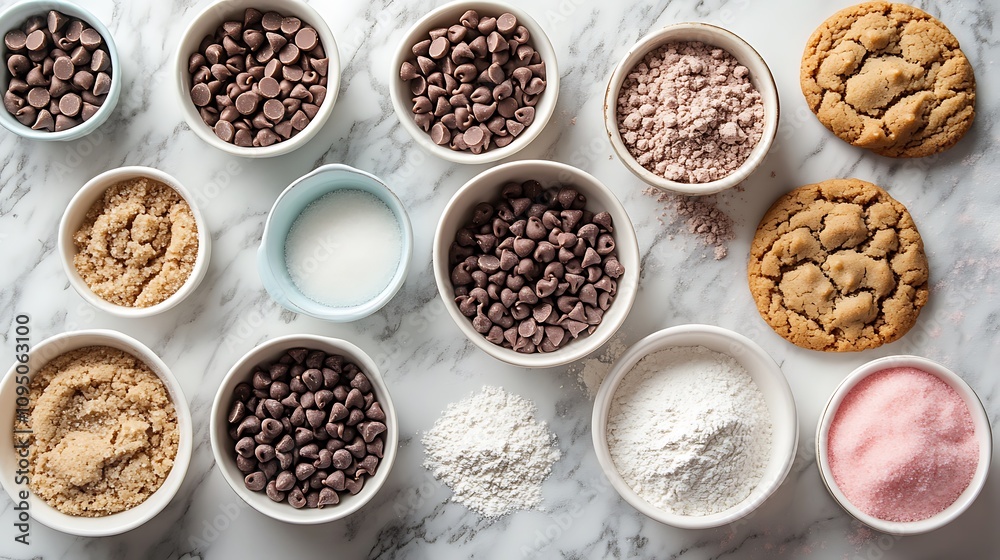 A charming flat lay of chocolate chips, sprinkles, brown sugar, and cookie cutters on a marble countertop with pastel-colored bowls, surrounded by flour-dusted baking tools and soft shadows, A charming flat lay of chocolate chips, sprinkles, brown sugar, and cookie cutters on a marble countertop with pastel-colored bowls, surrounded by flour-dusted baking tools and soft shadows,