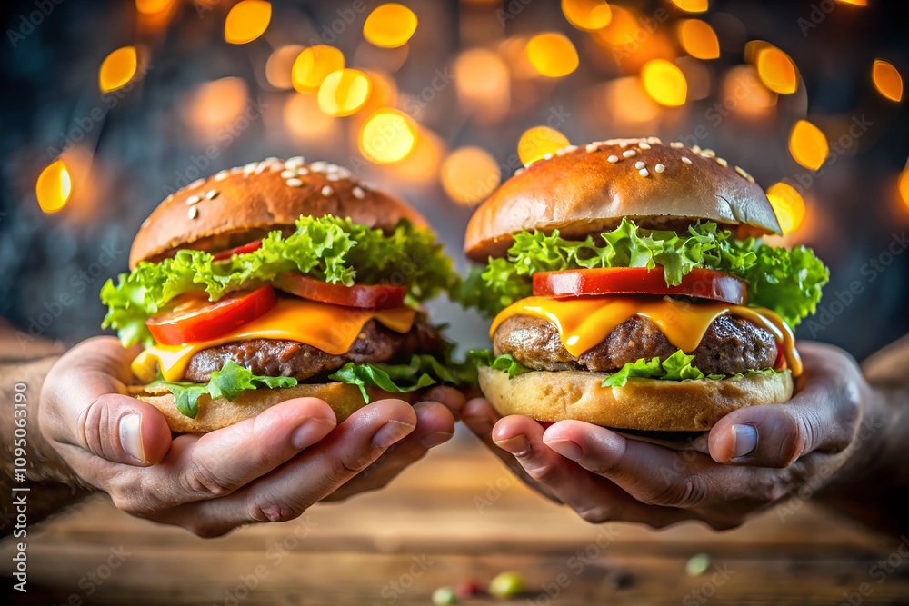 wo hands exchanging a delicious burger, with melted cheese oozing, ready to be enjoyed. wo hands exchanging a delicious burger, with melted cheese oozing, ready to be enjoyed.