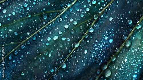 Beautiful details of nature. Morning dew drops on fresh green leaf. Summer nature macro pattern, fresh rain drops on green leaf. Peaceful tranquil ecology Beauty in nature.