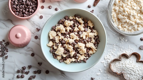 A charming flat lay of chocolate chips, sprinkles, brown sugar, and cookie cutters on a marble countertop with pastel-colored bowls, surrounded by flour-dusted baking tools and soft shadows, photo