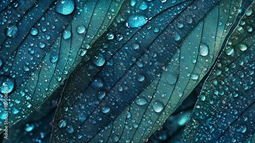 Beautiful details of nature. Morning dew drops on fresh green leaf. Summer nature macro pattern, fresh rain drops on green leaf. Peaceful tranquil ecology Beauty in nature.