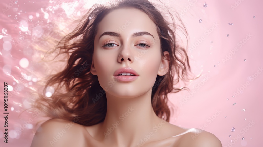 Elegant portrait of a woman with flowing hair and glowing skin, water droplets floating around, against a soft pink water-inspired backdrop Elegant portrait of a woman with flowing hair and glowing skin, water droplets floating around, against a soft pink water-inspired backdrop