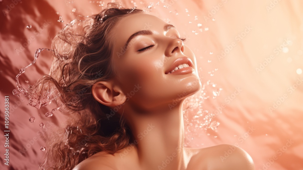 Radiant woman with eyes closed, glowing skin, and a serene smile surrounded by splashing water. Warm orange tones evoke relaxation and vitality Radiant woman with eyes closed, glowing skin, and a serene smile surrounded by splashing water. Warm orange tones evoke relaxation and vitality