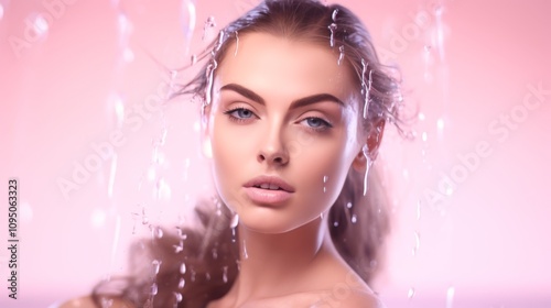 Close-up portrait of a woman with defined features, water droplets cascading around her, set against a soft pink background, radiating elegance and freshness