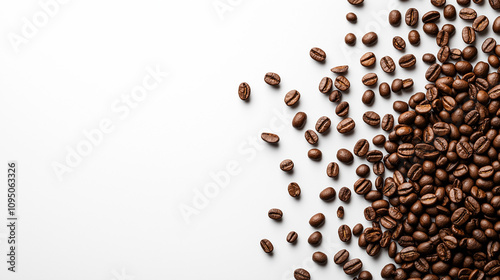 Photo of coffee beans scattered on the right, on a white background, with high resolution