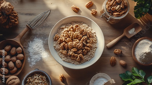 A charming flat lay of walnuts, pecans, hazelnuts, and almond meal on a pale wooden table, complemented by vintage baking tools and soft sunlight creating a nostalgic mood, hd quality, warm tones. photo