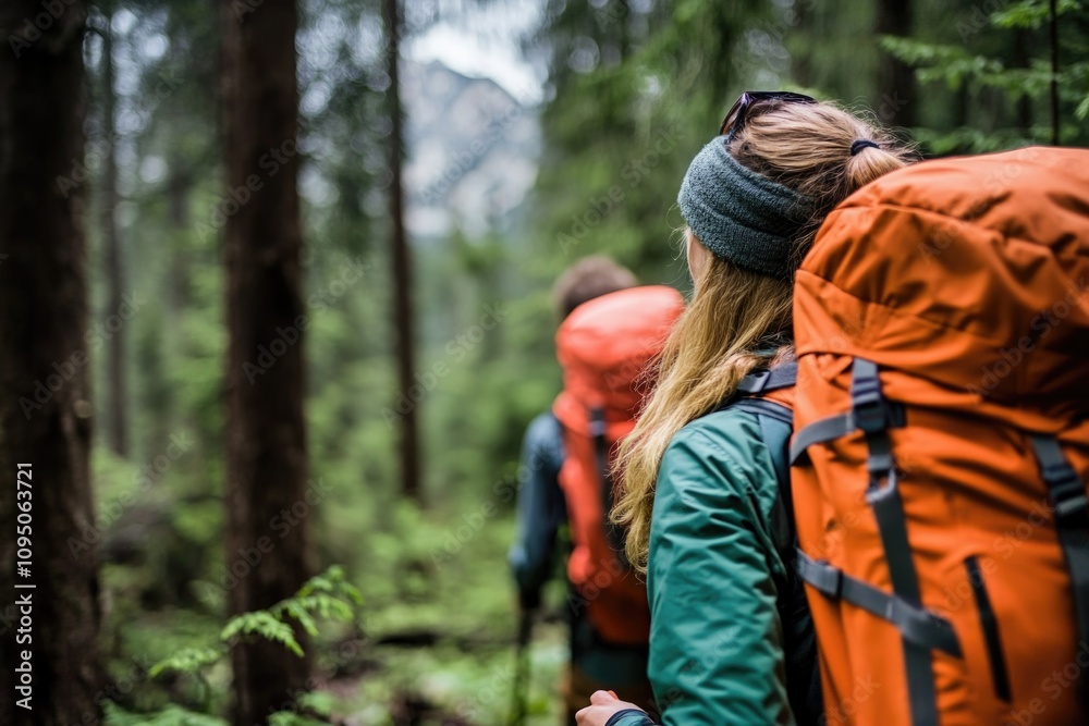 Couple hiking through dense forest with backpacks, great for outdoor adventure or travel themes Couple hiking through dense forest with backpacks, great for outdoor adventure or travel themes