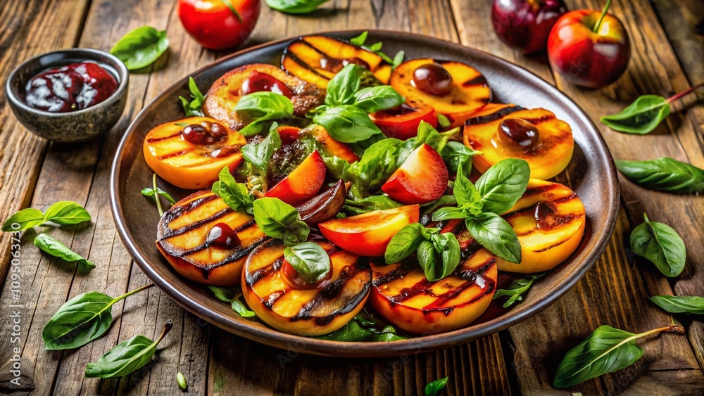 Panoramic View of a Delicious Grilled Peach Salad with Balsamic Glaze and Fresh Basil, Showcasing Vibrant Colors and Textures on a Rustic Wooden Table Panoramic View of a Delicious Grilled Peach Salad with Balsamic Glaze and Fresh Basil, Showcasing Vibrant Colors and Textures on a Rustic Wooden Table